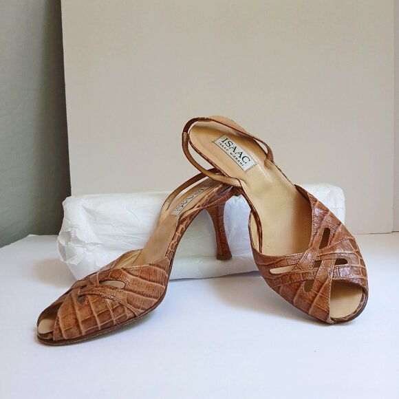 Brown Leather Reptile Print Cut Out PeepToe Sling-Back High Kitten heels Sz 8.5 - Picture 1 of 9